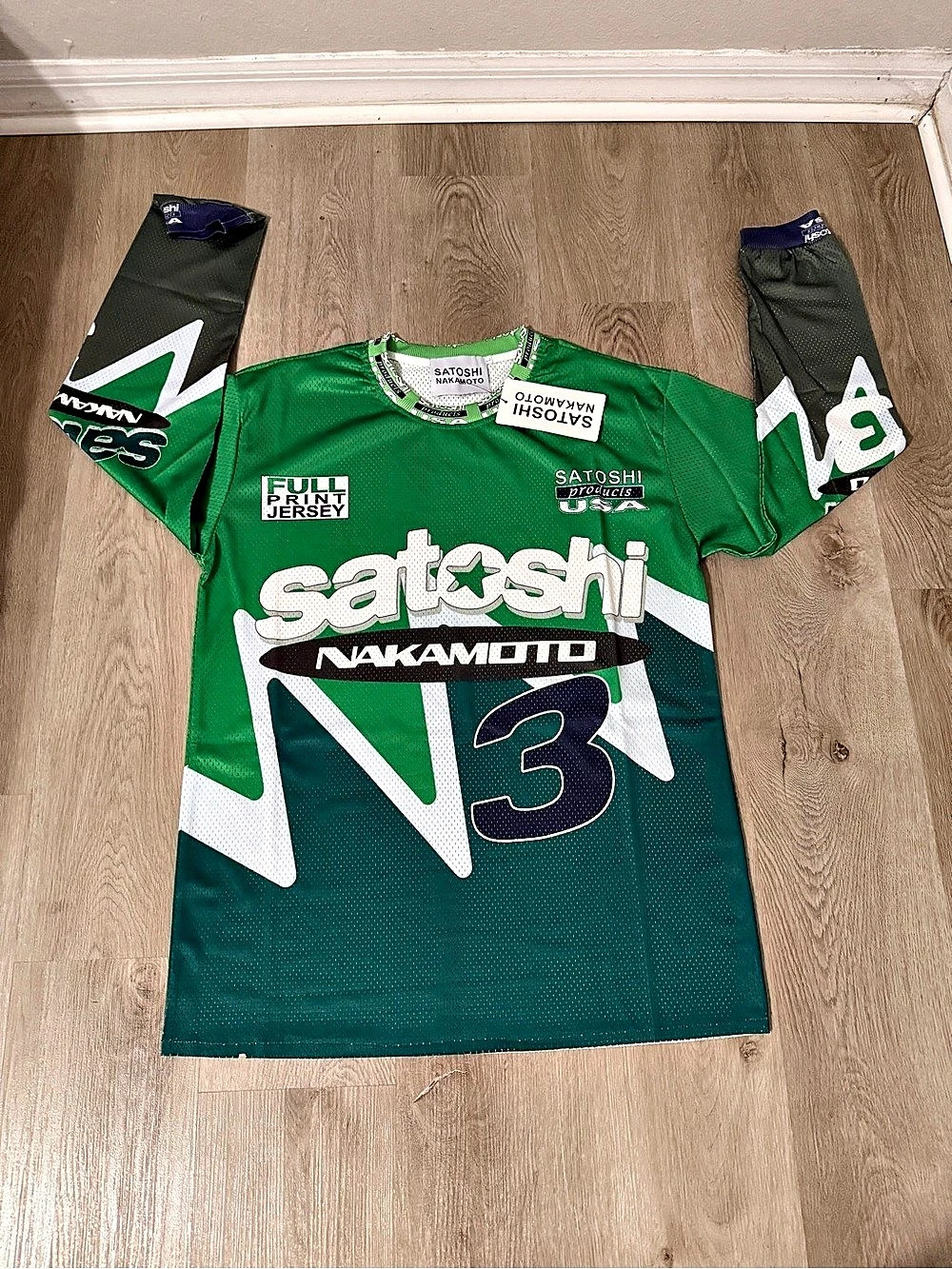 Satoshi Nakamoto Green Speedway Longsleeve Jersey Green & White Large